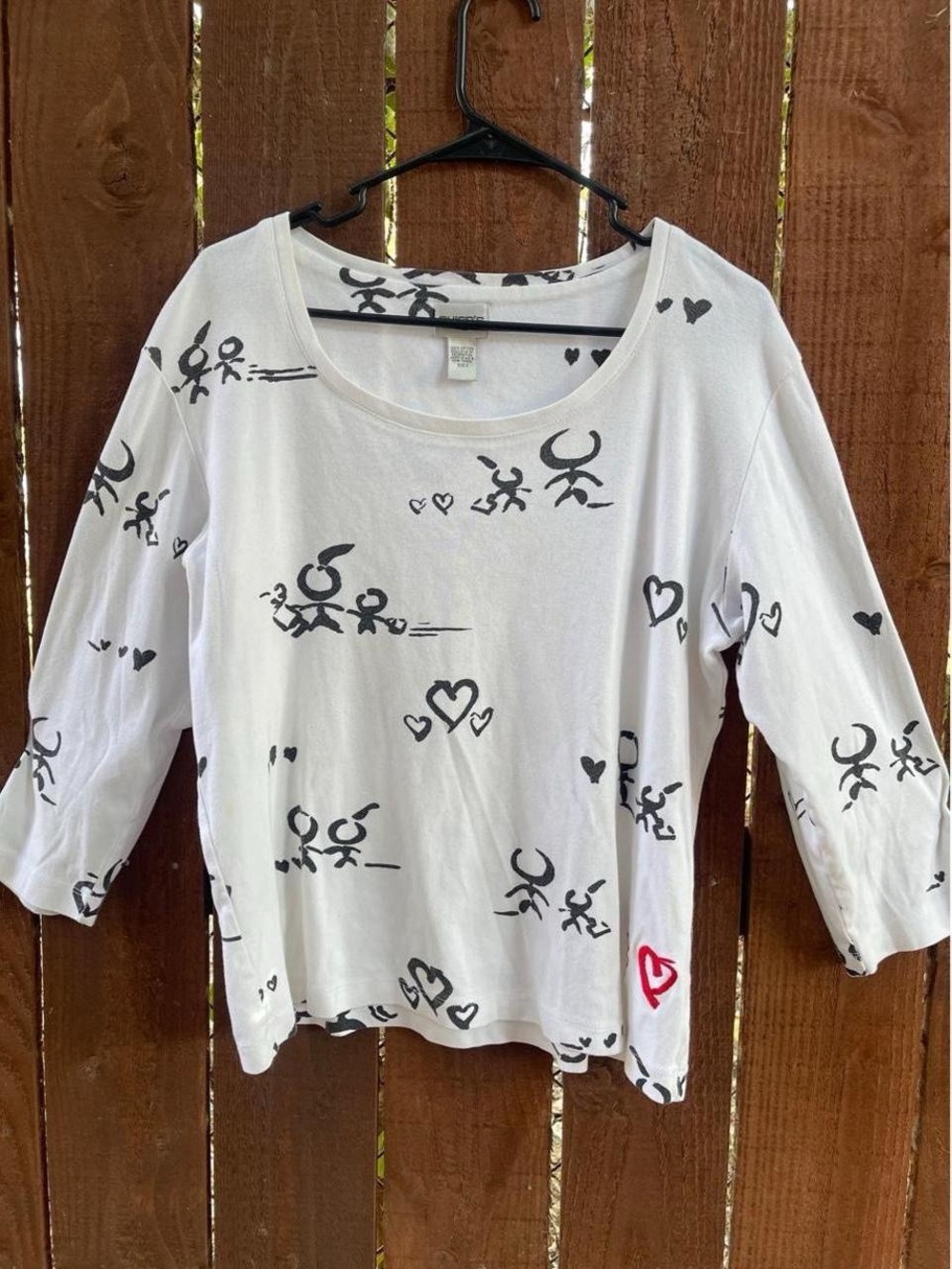 CHICO’s White Cotton Abstract Stick Figure Heart Novelty T-Shirt Sz XL